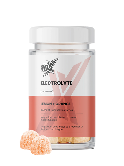IOX Electrolyte supplement bottle with lemon and orange flavor on a white background