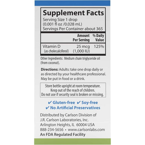Carlson Labs Super Daily D3 1,000iu 365 Drops 10.3ml - Muscle Health at MySupplementShop by Carlson Labs