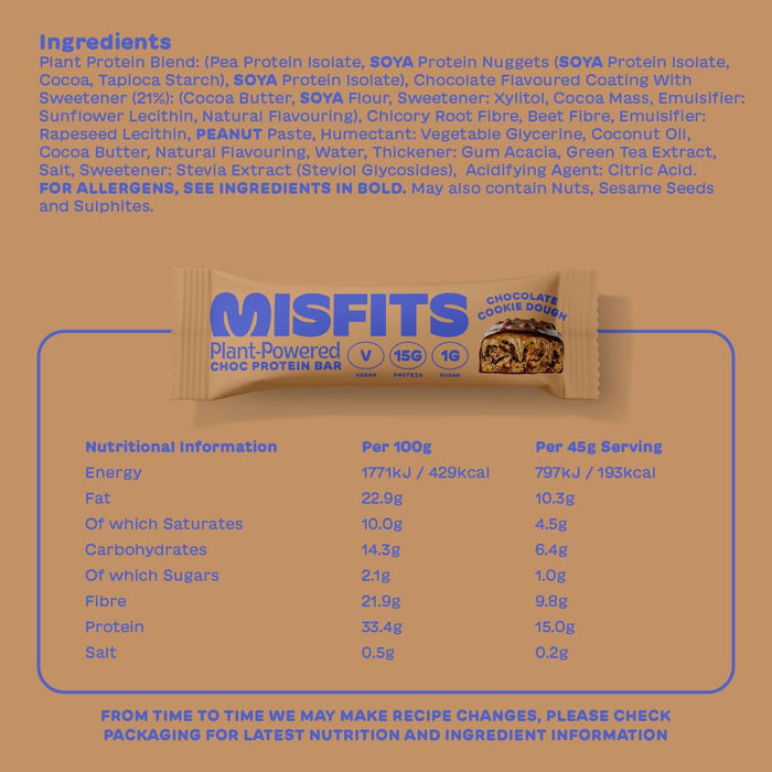 Misfits Vegan Protein Bar 12x45g Milk Chocolate Vegan Cookie Dough