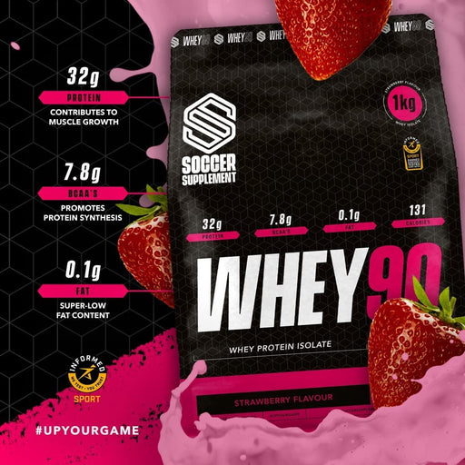 Soccer Supplement Whey 90 1kg Strawberry | Premium Whey Proteins at MYSUPPLEMENTSHOP.co.uk