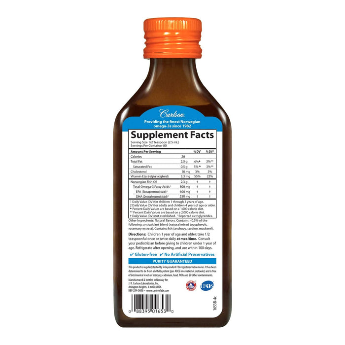 Carlson Labs Kid's The Very Finest Fish Oil, 800mg Natural Orange - 200 ml. | High-Quality Essential Fatty Acids | MySupplementShop.co.uk