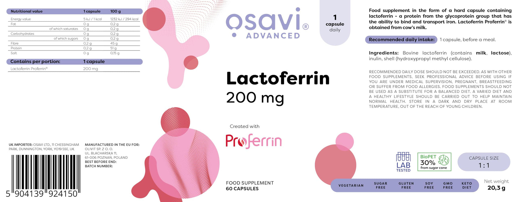 Osavi Lactoferrin, 200mg - 60 caps