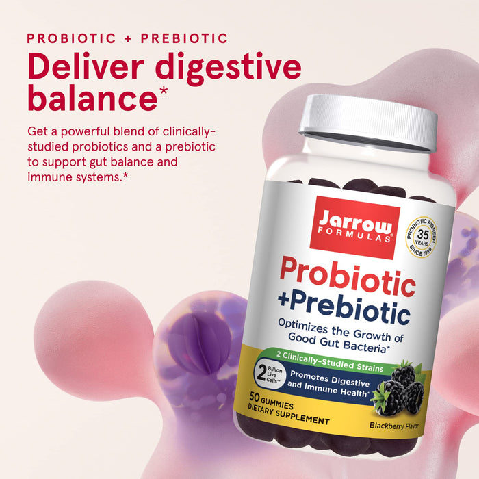 Jarrow Formulas Probiotic + Prebiotic, Blackberry - 60 gummies | High-Quality Bacterial Cultures | MySupplementShop.co.uk