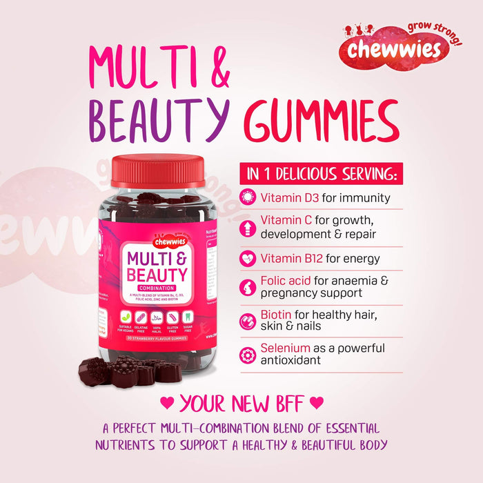 Chewwies Multi & Beauty, Strawberry - 30 gummies | High-Quality Sports Supplements | MySupplementShop.co.uk