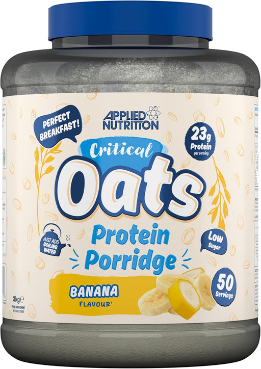 Container of banana-flavored protein porridge with applied nutrition critical and whey protein
