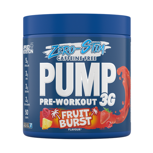 Blue Applied Nutrition Pump 3G Zero container with fruit burst flavor featuring citrulline malate and vitamin B12