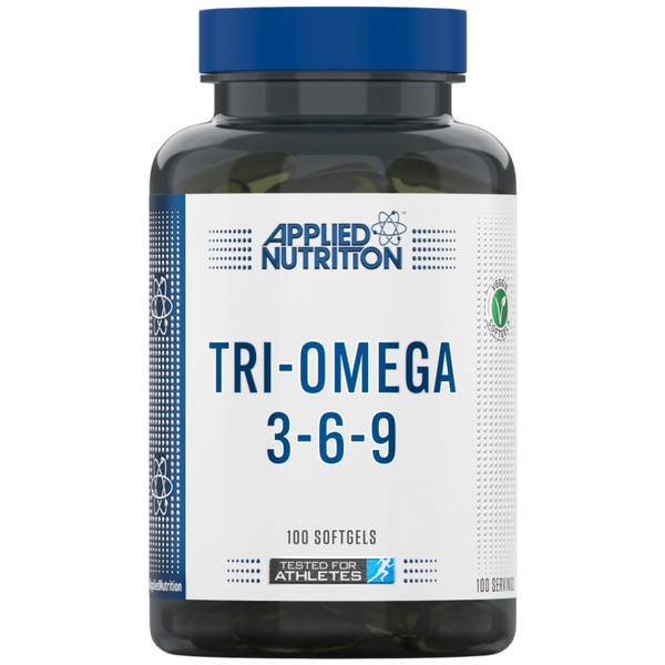 Close-up of Applied Nutrition Tri-Omega 3-6-9) held up inside My Supplement Shop, clearly showing the front label in a Sports Nutrition setting.