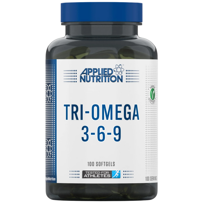 Close-up of Applied Nutrition Tri-Omega 3-6-9) held up inside My Supplement Shop, clearly showing the front label in a Sports Nutrition setting.