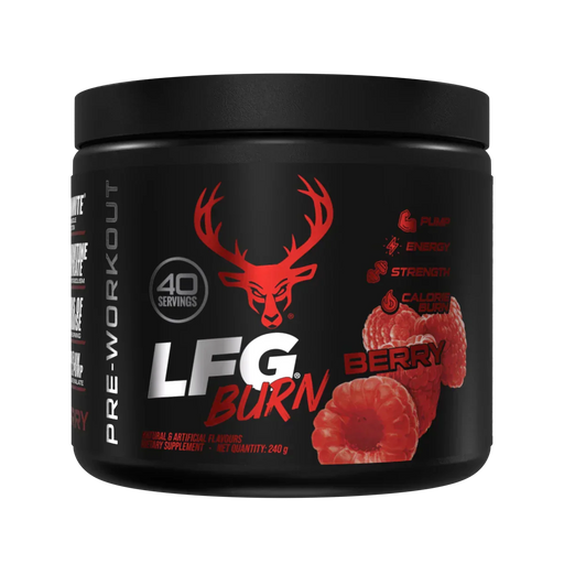 Black Bucked UP LFG pre-workout container with Red Deer logo and LFG BURN BERRY flavor to help transform stored fat with Himalayan rock salt and L-Carnitine Tartrate