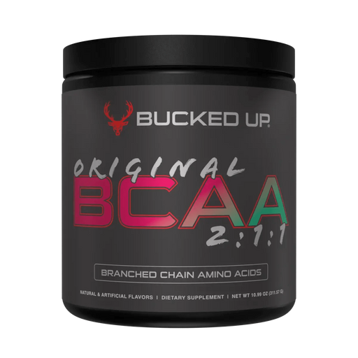 Dark gray tub of Bucked Up Original BCAA 2:1:1 for muscle growth and amino acids