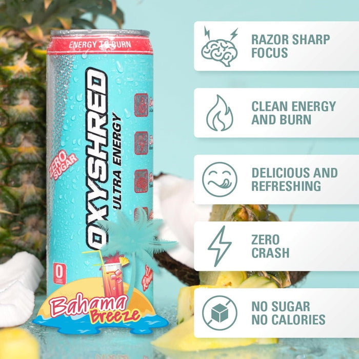 Light blue OxyShred Ultra Energy Drink can with Bahama Breeze flavor, boosts thermogenic fat and immune support