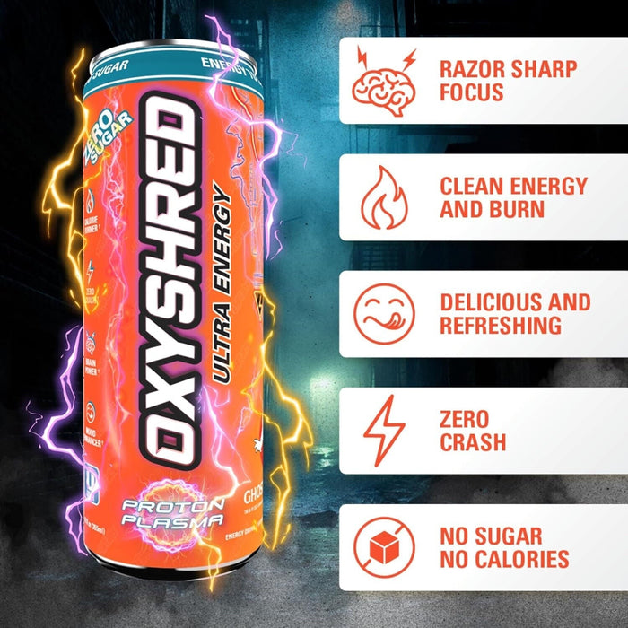 Orange EHP Labs OxyShred Ultra Energy drink can with razor-sharp focus and zero sugar