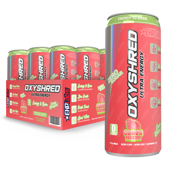 Six Guava-flavored EHP Labs OxyShred Ultra Energy drinks with a prominent can for thermogenic fat and immune support