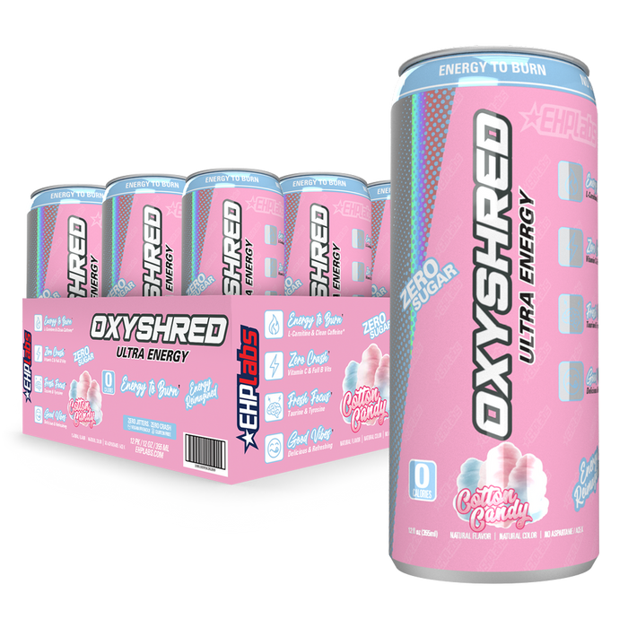 Pink cotton candy flavored EHP Labs OxyShred Ultra Energy Drink RTD can for thermogenic fat and immune support