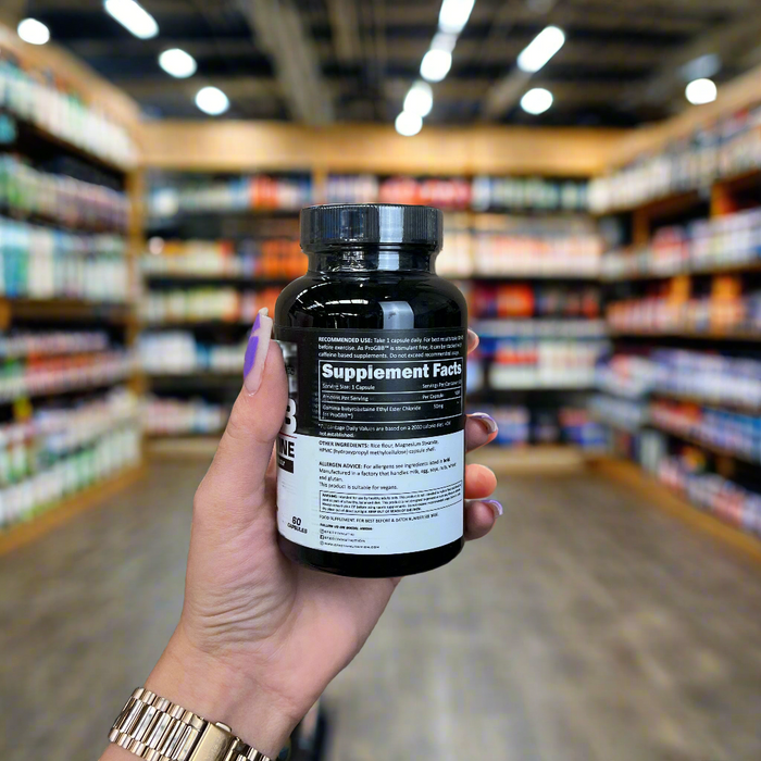 Close-up of (Efectiv Nutrition ProGBB 60 Capsules) held up inside My Supplement Shop, clearly showing key ingredients on the packaging in a Sports Nutrition setting.