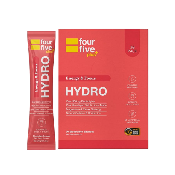 Red packaging of four five plus Hydro with a smaller red sachet on a white background
