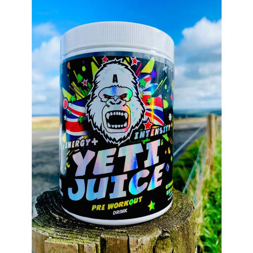 Gorillalpha Yeti Juice pre-workout drink with colorful label featuring a Yeti, chaos crew protein, chocolate lemon flavor