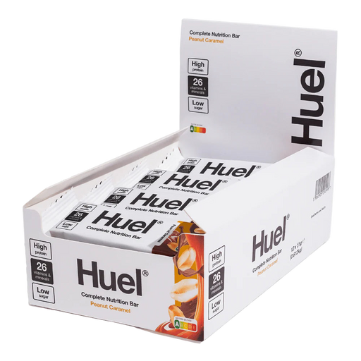 Box of Huel complete nutrition bars on a white background