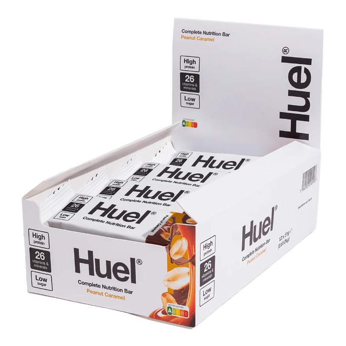 Box of Huel complete nutrition bars on a white background