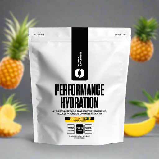 White resealable pouch of Marchon Performance Hydration tropical electrolyte blend for muscle function
