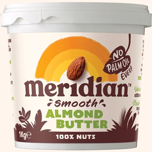 Meridian almond butter smooth with no palm oil in a tub, perfect for snacks