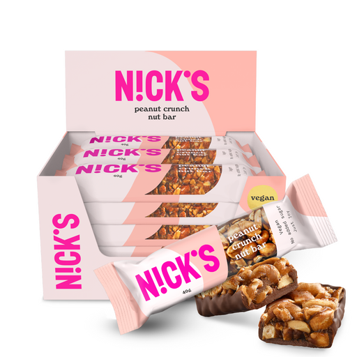 Nick’s Nut Bar display with vegan nut bars, showing chunky peanut and cocoa butter coating