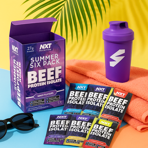 Summer Six Pack beef protein isolate box open with six sachets, purple MSS shaker featuring the MSS logo, and summer accessories.