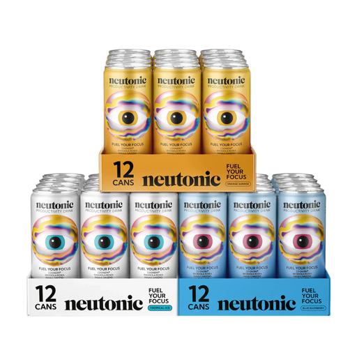 Neutonic energy drink cans in a 124-pack with colorful eye design 
