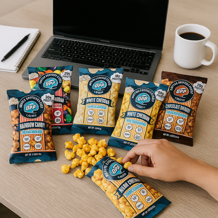 Square image of a modern work desk with a laptop, coffee mug, notebook, and several Omaha Protein Popcorn bags in various flavors. One bag is open with popcorn spilling out next to the keyboard, and a hand is reaching in for a snack. The scene is bright and vibrant, showcasing a realistic snack break at work
