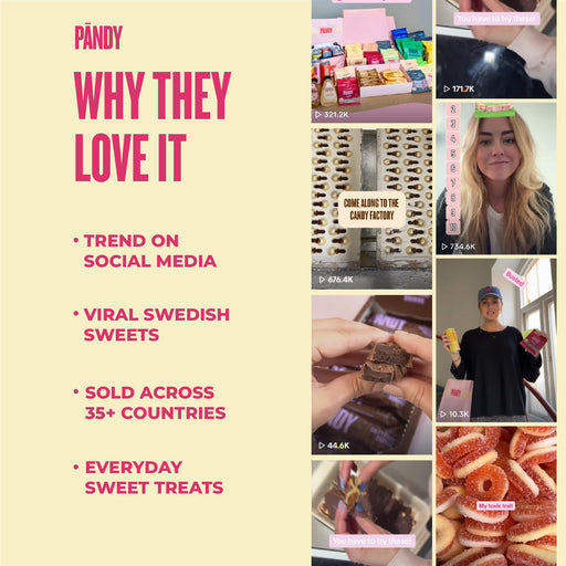 PANDY Candy Swedish sweets with peach rings and fizzy bottles in 14x50g packs