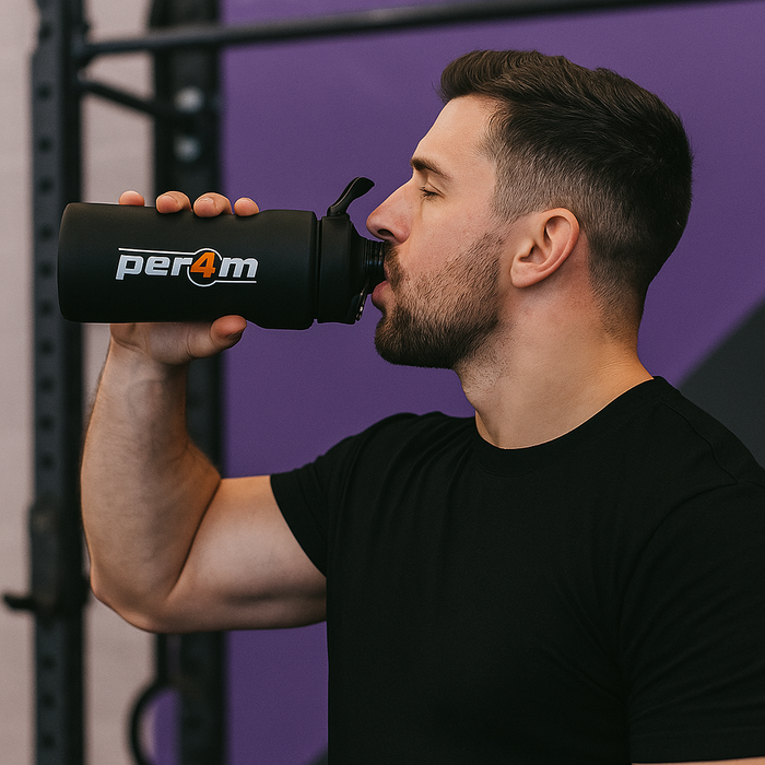 Muscular man drinking from black Per4m water bottle in the gym, with a purple and black MSS-themed background