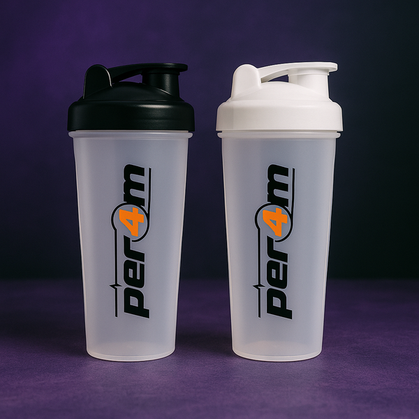Two clear PER4M shaker bottles with black and white lids placed side by side against a purple and black MSS-themed background, highlighting the vibrant orange "4" in the logo