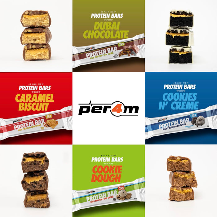 Assortment of Per4m Protein Bar flavors showing Per4m protein options