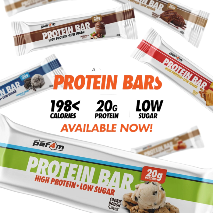 Assorted high-protein, low-sugar Per4m Protein Bar flavors for healthy snacking