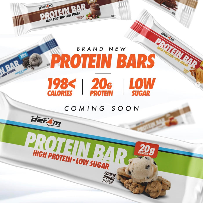 Assortment of Per4m Protein Bar flavors with high protein and low sugar for healthy snacking
