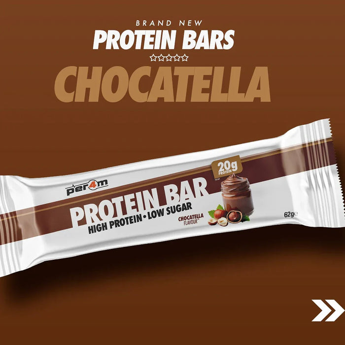 White and brown Chocatella Per4m Protein Bar with 20g protein and low sugar