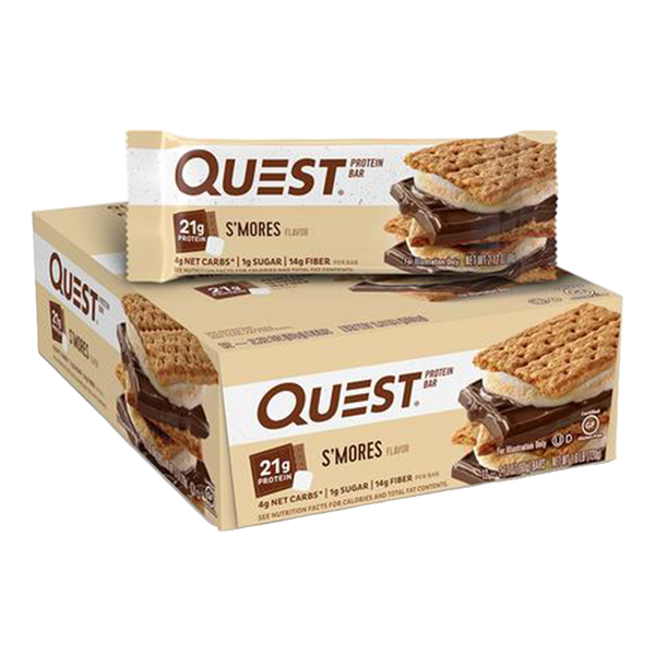 Box of Quest S'mores protein bars on a white background