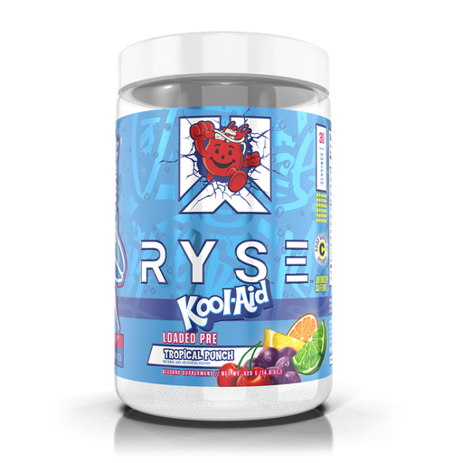 Ryse Loaded Pre-Workout Kool-Aid Tropical Punch with research-backed ingredients in a clear plastic jar