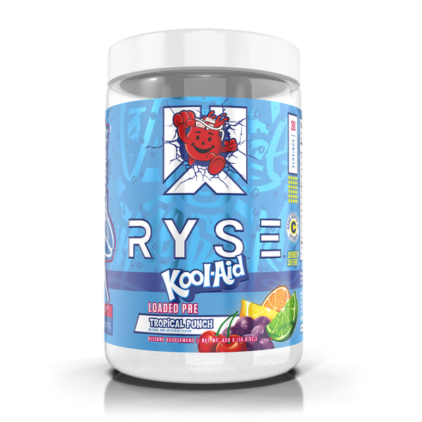 Ryse Loaded Pre-Workout Kool-Aid Tropical Punch with research-backed ingredients in a clear plastic jar
