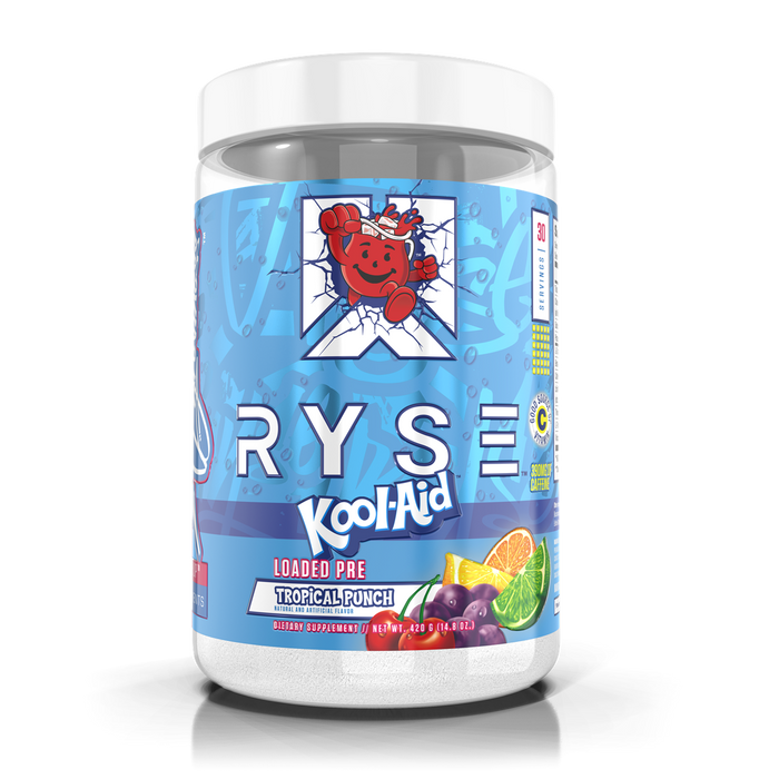 Ryse Loaded Pre-Workout Kool-Aid Tropical Punch with research-backed ingredients in a clear plastic jar
