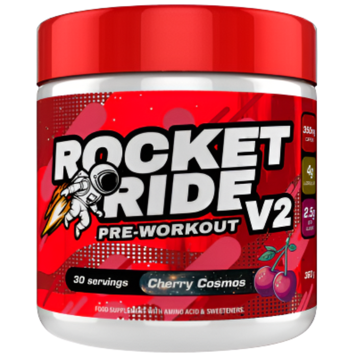 Red and white container of Rocket Ride V2 pre-workout supplement with cherry cosmos flavor on a white background