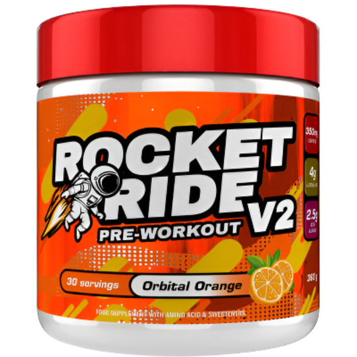 Pre-workout supplement container labeled 'Rocket Ride V2' on a white background