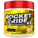 Pre-workout supplement container labeled 'Rocket Ride V2' with a red lid on a white background.