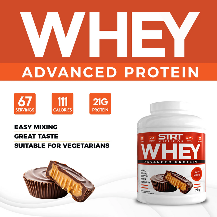 STRT Nutrition Whey Protein 2kg – 21g Protein, 67 Servings, Multiple Flavours