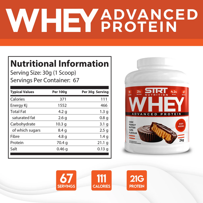 STRT Nutrition Whey Protein 2kg – 21g Protein, 67 Servings, Multiple Flavours
