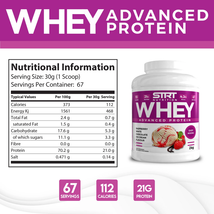 STRT Nutrition Whey Protein 2kg – 21g Protein, 67 Servings, Multiple Flavours