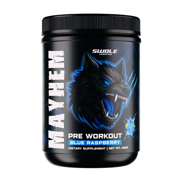 Pre workout supplement container with wolf design on a white background
