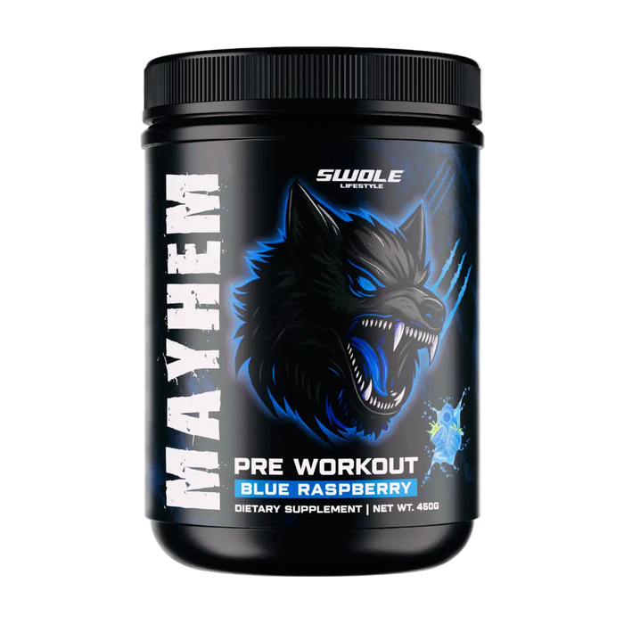 Pre workout supplement container with wolf design on a white background