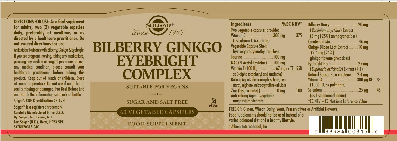 Solgar BilbGnkgo Eyebright 30x60 CAP