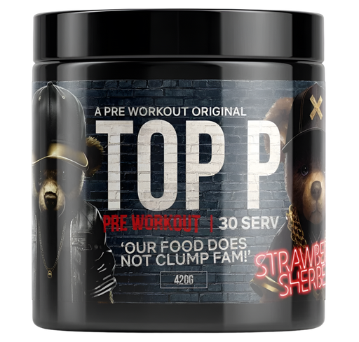 Pre-workout supplement container with branding and product details on a white background